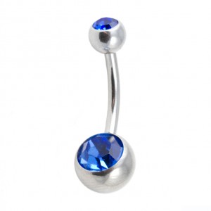 316L Steel Belly Bar Navel Button Ring w/ Two Navy Blue Strass