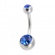 316L Steel Belly Bar Navel Button Ring w/ Two Navy Blue Strass