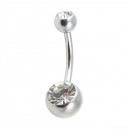 316L Steel Belly Bar Navel Button Ring w/ Two White Strass