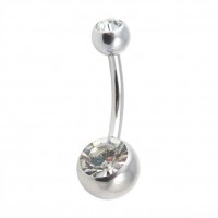 316L Steel Belly Bar Navel Button Ring w/ Two White Strass