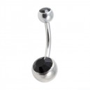 316L Steel Belly Bar Navel Button Ring w/ Two Black Strass