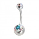 316L Steel Belly Bar Navel Button Ring w/ Two Rainbow Strass