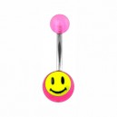 Transparent Pink Acrylic Belly Bar Navel Button Ring w/ Smiley