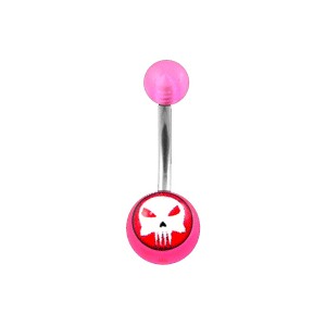 Transparent Pink Acrylic Belly Bar Navel Button Ring w/ The Punisher Logo