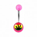 Transparent Pink Acrylic Belly Bar Navel Button Ring w/ Cannabis