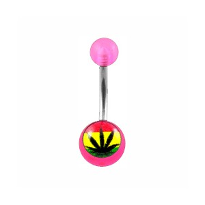 Transparent Pink Acrylic Belly Bar Navel Button Ring w/ Cannabis