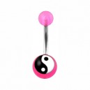 Transparent Pink Acrylic Belly Bar Navel Button Ring w/ Yin and Yang