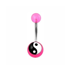 Transparent Pink Acrylic Belly Bar Navel Button Ring w/ Yin and Yang