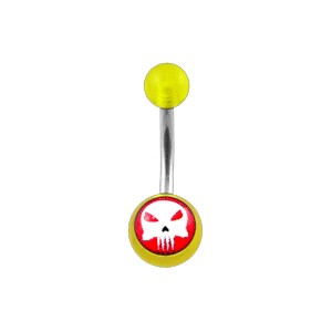 Transparent Yellow Acrylic Belly Bar Navel Button Ring w/ The Punisher Logo