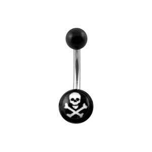 Black Acrylic Belly Bar Navel Button Ring w/ Skull
