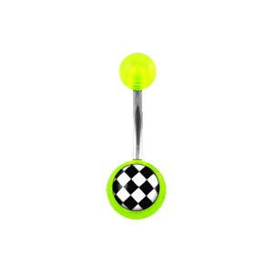 Transparent Green Acrylic Belly Bar Navel Button Ring w/ Checkerboard
