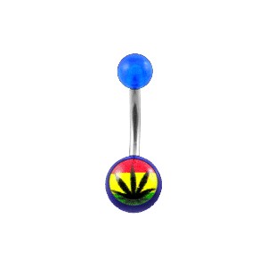 Transparent Dark Blue Acrylic Belly  Bar NavelButton Ring w/ Cannabis