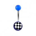 Transparent Dark Blue Acrylic Belly Bar Navel Button Ring w/ Checkerboard