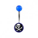 Transparent Dark Blue Acrylic Belly Bar Navel Button Ring w/ Skull