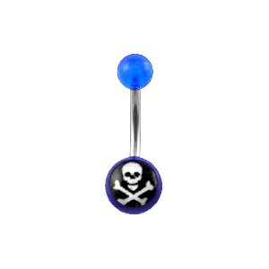 Transparent Dark Blue Acrylic Belly Bar Navel Button Ring w/ Skull