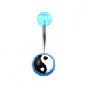 Transparent Light Blue Acrylic Belly Bar Navel Button Ring w/ Yin and Yang