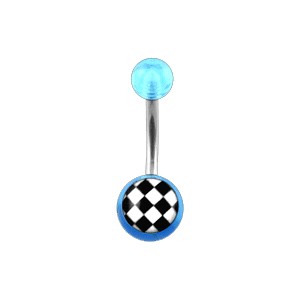 Transparent Light Blue Acrylic Belly Bar Navel Button Ring w/ Checkerboard