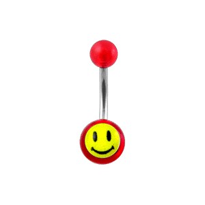 Transparent Red Acrylic Belly Bar Navel Button Ring w/ Smiley