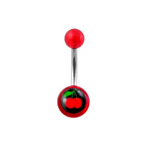 Transparent Red Acrylic Belly Bar Navel Button Ring w/ Cherries