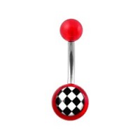 Transparent Red Acrylic Belly Bar Navel Button Ring w/ Checkerboard